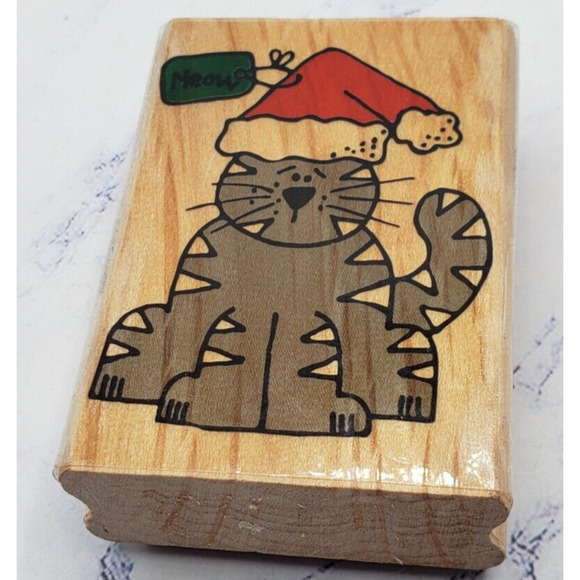 Westwater Enterprises Christmas Gift Kitty Cat Wood Mounted Rubber Stamp - Picture 1 of 7
